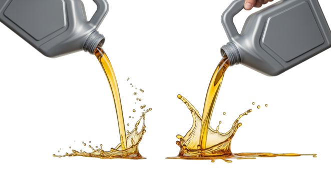 Lubricant oil pours from a gray container creating dynamic splash effects on the surface below.