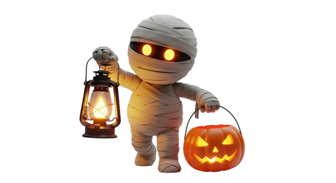 Whimsical mummy character, lantern in hand, carrying a glowing jack-o'-lantern, Halloween night.