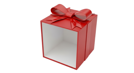 A modern rendered cube gift, open and tied with a flowing red ribbon, evokes festive anticipation.