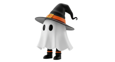 A whimsical cartoon ghost celebrates Halloween with a classic witch hat and little boots for fun