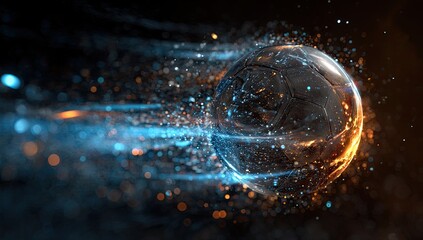 Motion ball breaks apart in fiery blue-orange particle trails, speed