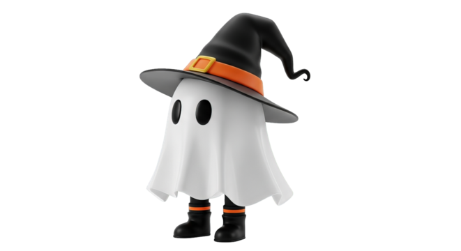 A whimsical cartoon ghost celebrates Halloween with a classic witch hat and little boots for fun
