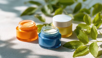 Skincare creams in colorful jars, green leaves and sunshine