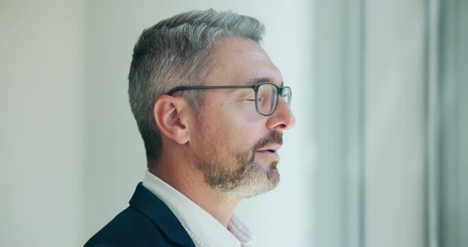 Stress, business and man breath at window in office for corporate mistake of economic downturn. Worry, mature person and disappointed employee for company bankruptcy, liquidation notice and job loss