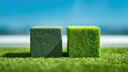 Two grass cubes on green turf against a blurred blue sky