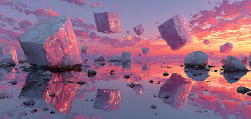 Floating monolithic data shards above a calm glass lake, twilight reflections, purple-orange sky, surreal illustration style.