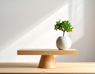 Small green plant in a white pot on a wooden pedestal