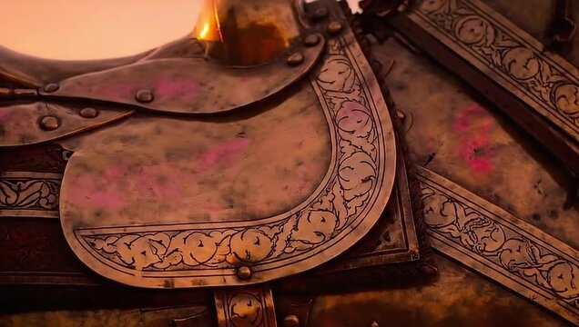 Ornate Golden Barding Armor Engraved Medieval Detail Close Up