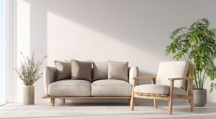 Cozy living room beige sofa, armchair, plants, sunlight