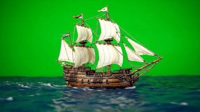 A detailed model of a pirate ship sailing on water with a vibrant green screen background.