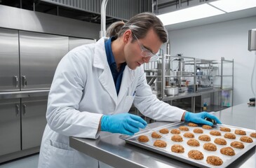 Scientist/researcher in a white coat inspecting the quality of cookies in a hygienic food factory