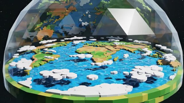 Pixel art representation of a flat Earth disc under a dome, featuring a geometric white triangular object and surrounded by stars.