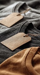 Stack of folded shirts with price tags, neutral toned, texture rich