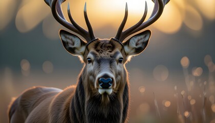 Majestic antlered stag in forest with soft bokeh background