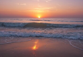Naklejka premium Orange glow on the calm tide line, the sky and sea at sunset