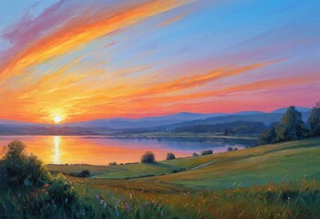 Obraz premium Vivid Sky and Sunrise (or Sunset) over Lake with Mountain Range in Background