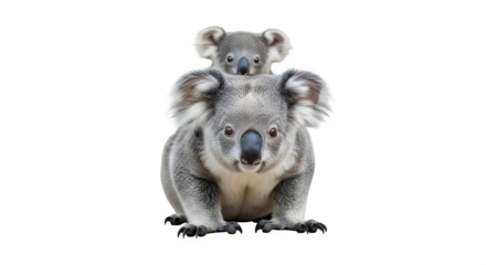 A cute koala mother carrying her baby on her back, both looking directly at the camera with curious expressions, the image captures the tender bond between mother and child