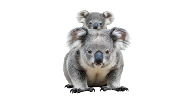 A cute koala mother carrying her baby on her back, both looking directly at the camera with curious expressions, the image captures the tender bond between mother and child
