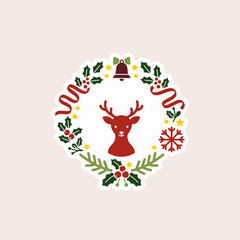 Cute Minimalist Christmas Wreath Vector Sticker. Black and White Holiday Cartoon Icon with Thick Outline. Simple Festive Decoration Element.