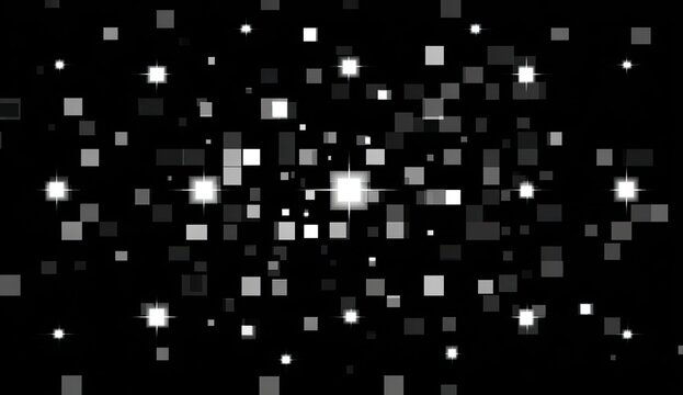 Pixels sparkle against black; abstract background creates depth