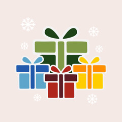 Bright Christmas/Winter gift stack with snowflakes. Vector illustration for holiday celebration & presents. Cute flat icon design.