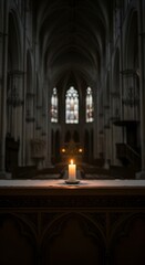 A single lit candle placed on an altar inside a dimly lit, grand cathedral with tall stained glass windows and intricate architectural details
