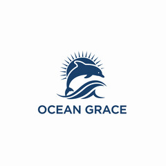 Obraz premium A stylized illustration depicting a dolphin leaping through waves, with a rising sun in the background