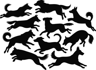 Dog silhouette vector set, running canine icons, black pet clipart, leaping dog graphics, animal motion shapes, energetic design elements