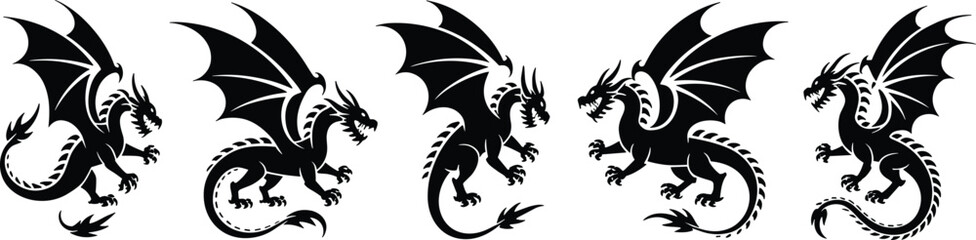 Dragon silhouette vector set, black flying creatures, mythical beast clipart, fantasy monster graphics, winged reptile design, fierce animal icons