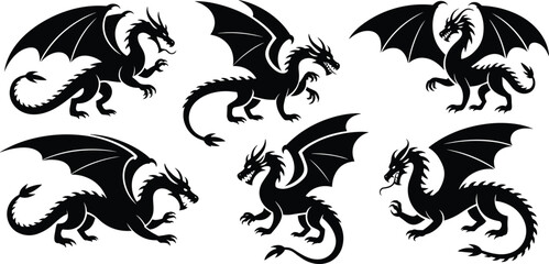 Dragon silhouette vector set, mythical creature icons, black flying beasts, fantasy reptile clipart, winged monster graphics, fierce design elements
