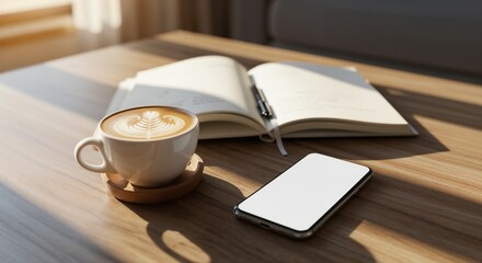 Coffee cup and smartphone beside open notebook on wooden table  