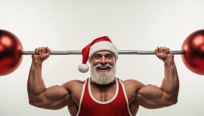 Muscular man in Santa hat lifting weights for Christmas fitness  
