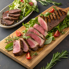 Sliced freshly cooked steak with blood, served with grilled vegetables and fresh rosemary on a wooden board