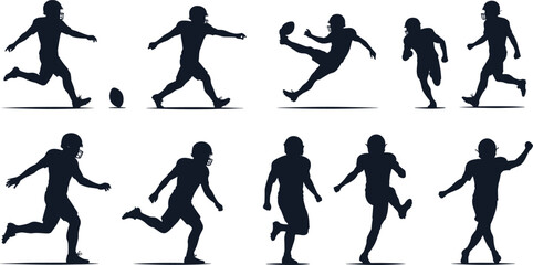 Football silhouettes, player action, running, throwing, kicking, celebrating, helmet gear, black vector icons, athletic motion, sports illustration, white background