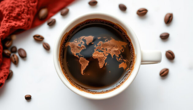 Coffee Cup with World Map Reflection White Background