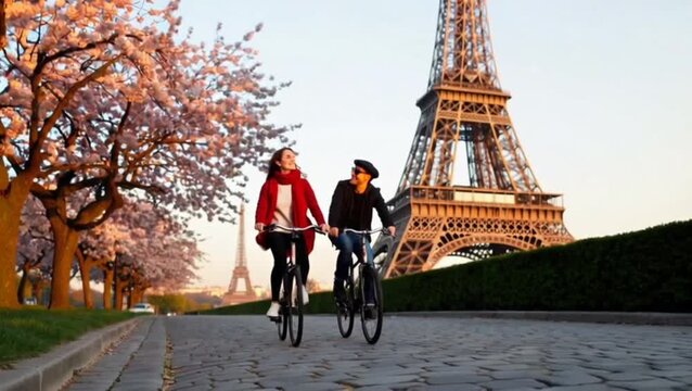 Valentine morning in Paris &mdash; couple cycling past Eiffel Tower.
