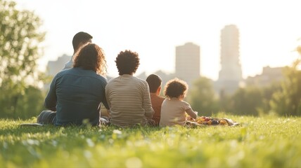 Family enjoying golden sunset picnic in urban park, tranquil moments on grass with city skyline glowing, scene of togetherness and peaceful relaxation.