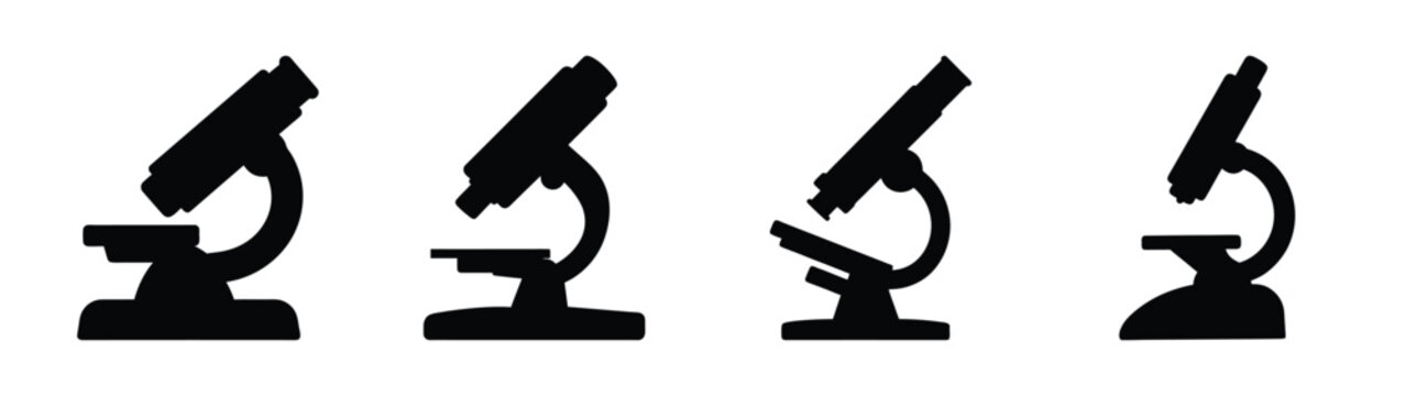 Collection of four black silhouette microscopes various designs scientific research tools