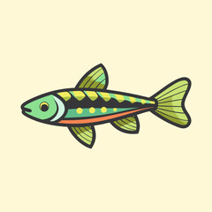 Stylized green fish with black outline, yellow highlights, and orange stripe