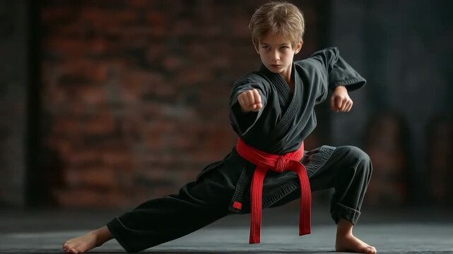 On dojo mats, a teenage martial artist wearing a black gi and red belt delivers a full-extension punch.