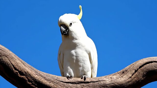 A white cockatoo with a yellow crest perches on a branch against a clear blue sky