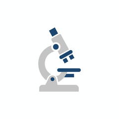 A simple, flat illustration of a laboratory microscope. It features gray and blue elements on a white background