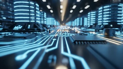 Futuristic digital circuit board with glowing data streams and abstract technology cityscape - Powered by Adobe