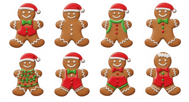 Gingerbread men christmas cookies in santa hats and festive outfits isolated on transparent background
