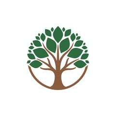 A stylized illustration features a brown tree with green leaves arranged in a circular design