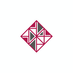 A geometric abstract logo with a diamond shape, employing triangles and lines in shades of burgundy and grey