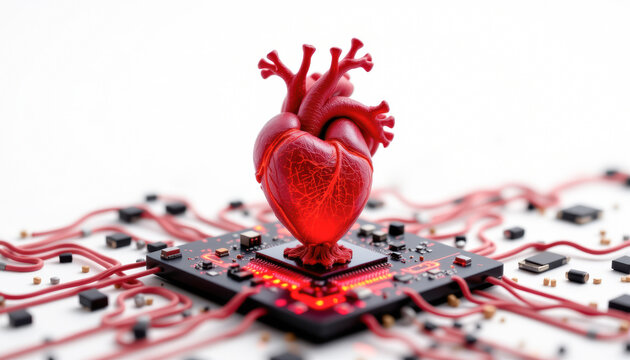 Human Heart Circuit Board with Glowing Red Lights