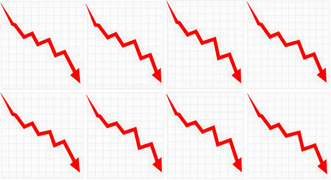 Red downward zigzag arrows repeating in pattern on grid background, symbolizing decline, loss, crisis and negative trend, ideal for finance, economy, stock market, business analysis and infographic 
