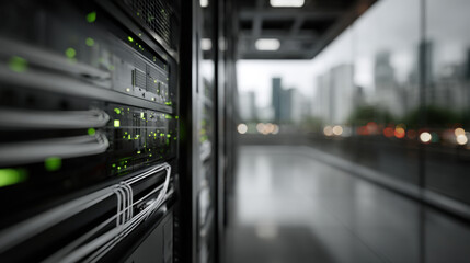 Close-Up of Server Racks Illuminated with Bright Green Lights