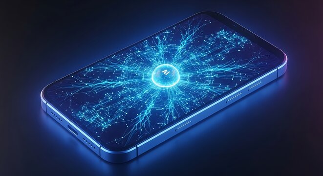 Smartphone displaying a glowing, abstract, blue network pattern emanating from a central point on the screen.